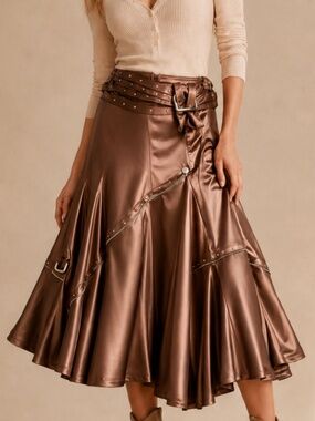 Svetlana - Bronze Satin Midi A-Line Skirt with Buckle Zipper Rivet Details - SzS